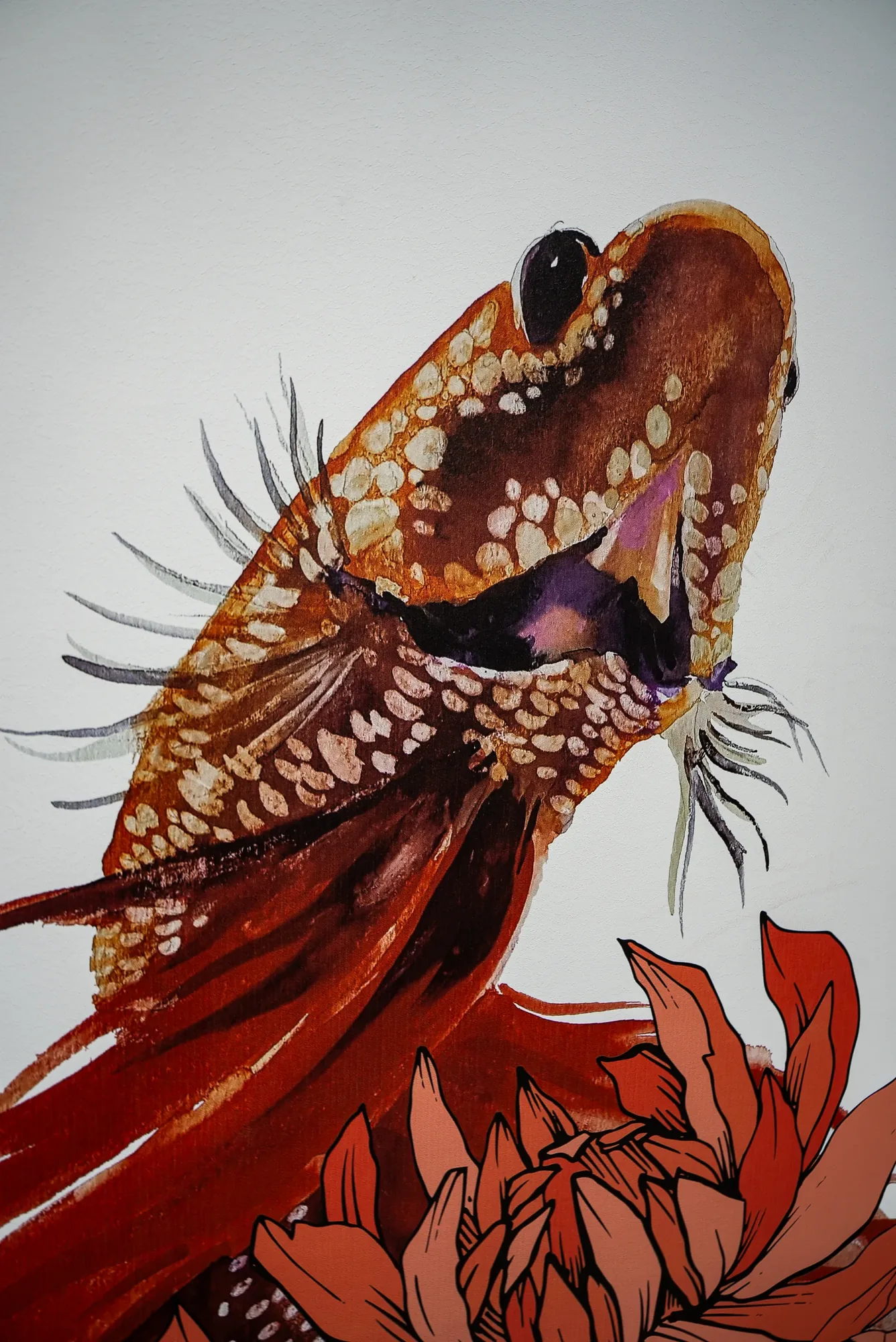 Detailed artistic print on a vertical surface