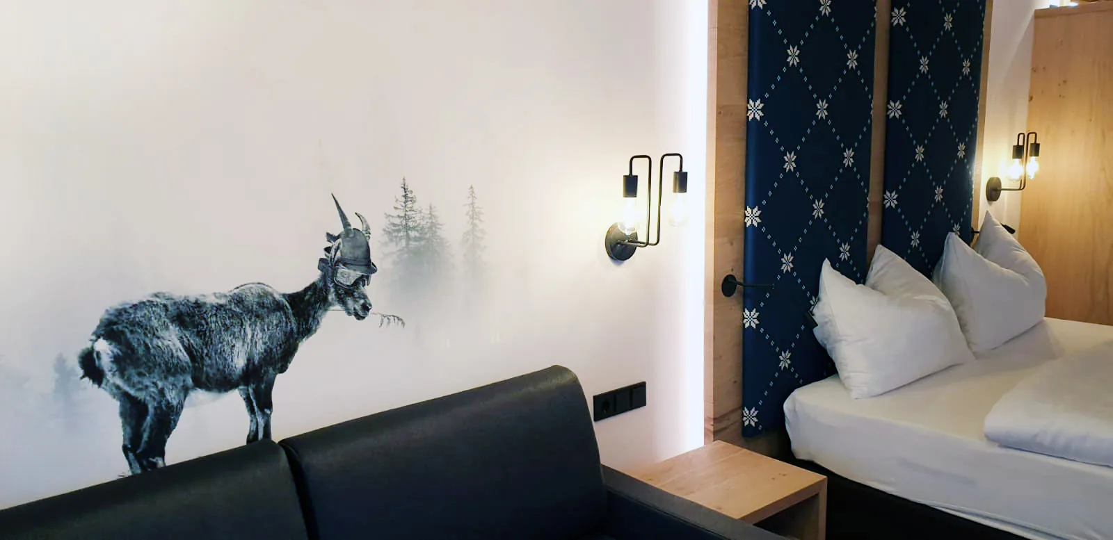 Hotel room with custom wall artwork